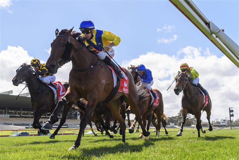 MELBOURNE, AUSTRALIA - SEPTEMBER 25: Jordan Childs riding Queen Of Dubai winning Race 4, the Jim Moloney Stakes, during Melbourne Racing at Sandown Racecourse on September 25, 2021 in Melbourne, Australia. (Photo by Vince Caligiuri/Getty Images)
