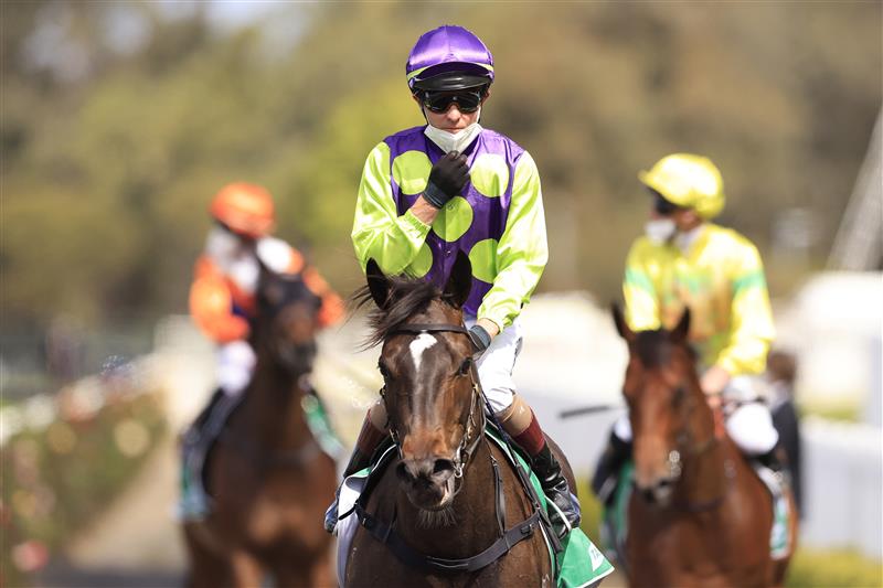 SYDNEY, AUSTRALIA - SEPTEMBER 25: Kerrin McEvoy on Barossa Rosa returns to scale after winning race 3 the Midway Handicap during Sydney Racing on Golden Rose Day at Rosehill Gardens on September 25, 2021 in Sydney, Australia. (Photo by Mark Evans/Getty Images)