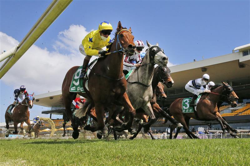 SYDNEY, AUSTRALIA - SEPTEMBER 25: Kerrin McEvoy on The Fossil (yellow), wins race 2 the TAB highway Class 2 Handicap during Sydney Racing on Golden Rose Day at Rosehill Gardens on September 25, 2021 in Sydney, Australia. (Photo by Mark Evans/Getty Images)
