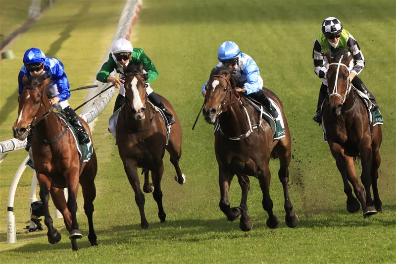 SYDNEY, AUSTRALIA - SEPTEMBER 25: Tim Clark  on Vangelic (royal blue) wins race 7 the Keenland Golden Pendant during Sydney Racing on Golden Rose Day at Rosehill Gardens on September 25, 2021 in Sydney, Australia. (Photo by Mark Evans/Getty Images)