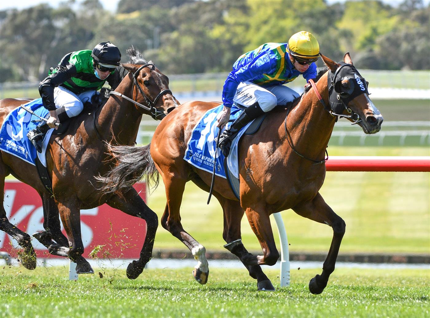 MELBOURNE, AUSTRALIA - SEPTEMBER 25: Damien Thornton riding Extreme Flight winning Race 3, the Tile Importer Handicap,  during Melbourne Racing at Sandown Racecourse on September 25, 2021 in Melbourne, Australia. (Photo by Vince Caligiuri/Getty Images)