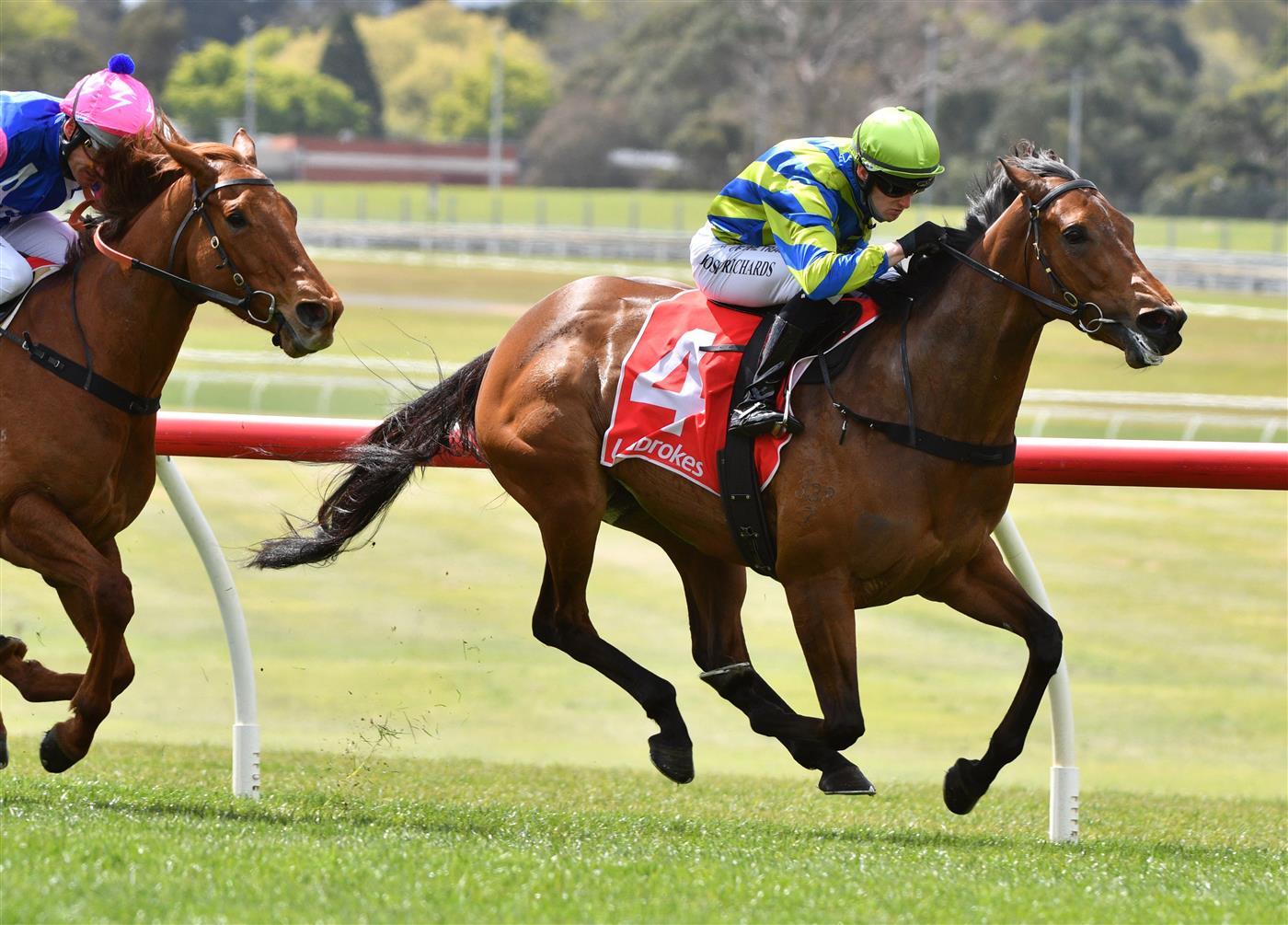 MELBOURNE, AUSTRALIA - SEPTEMBER 25: Josh Richards riding Esta La Roca winning Race 1, the Tobin Brothers Celebrating Lives, during Melbourne Racing at Sandown Racecourse on September 25, 2021 in Melbourne, Australia. (Photo by Vince Caligiuri/Getty Images)