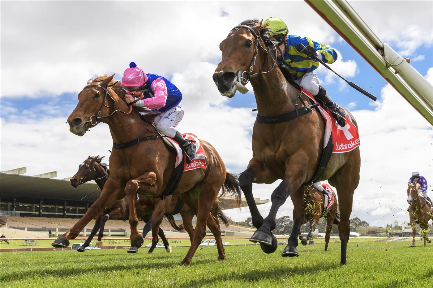 MELBOURNE, AUSTRALIA - SEPTEMBER 25: Josh Richards riding Esta La Roca (r) winning Race 1, the Tobin Brothers Celebrating Lives, during Melbourne Racing at Sandown Racecourse on September 25, 2021 in Melbourne, Australia. (Photo by Vince Caligiuri/Getty Images)