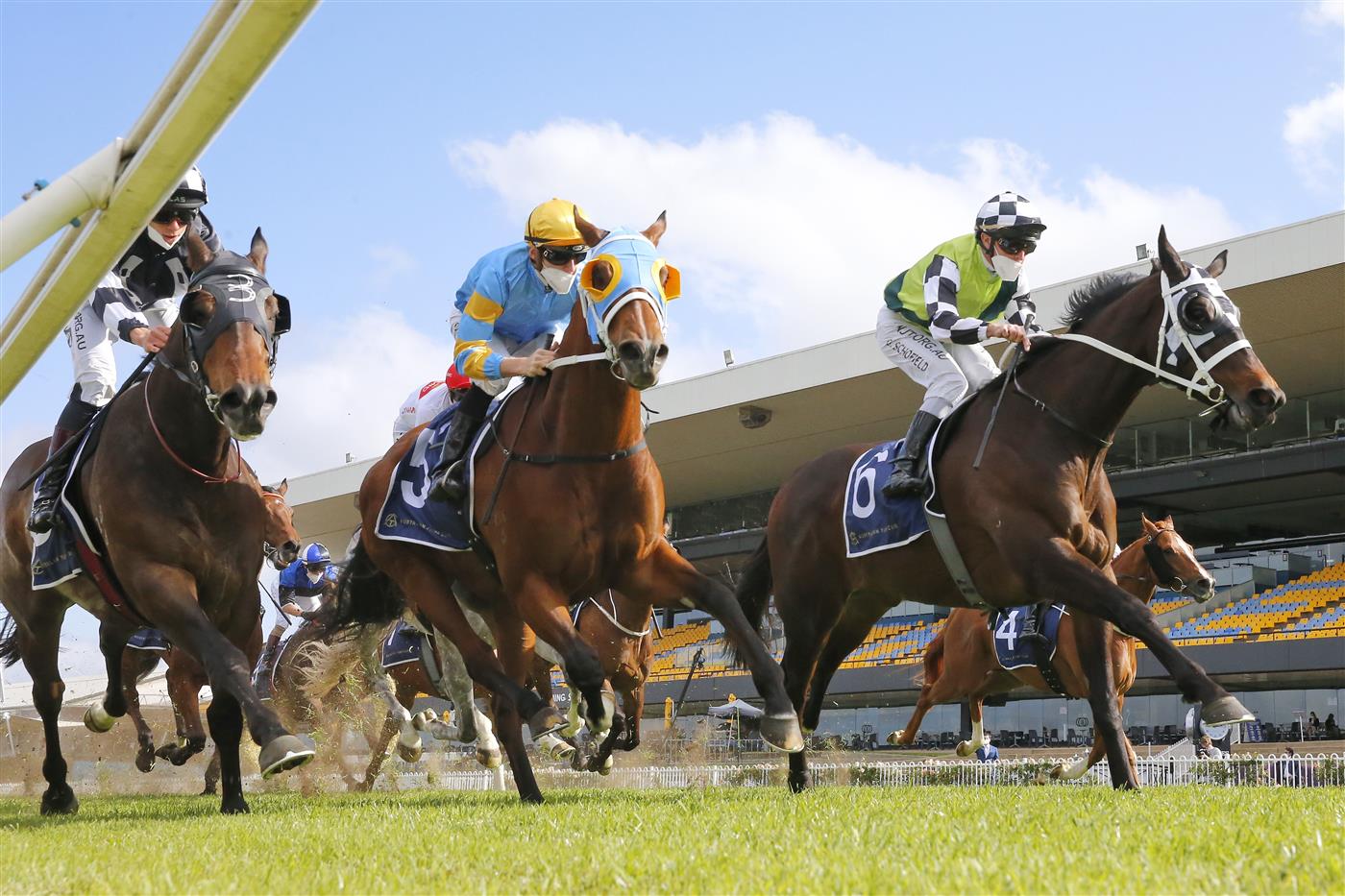 SYDNEY, AUSTRALIA - SEPTEMBER 25: Glyn Schofield on Yonkers (R), wins race 6 the Ned Whisky Shannon Stakes during Sydney Racing on Golden Rose Day at Rosehill Gardens on September 25, 2021 in Sydney, Australia. (Photo by Mark Evans/Getty Images)