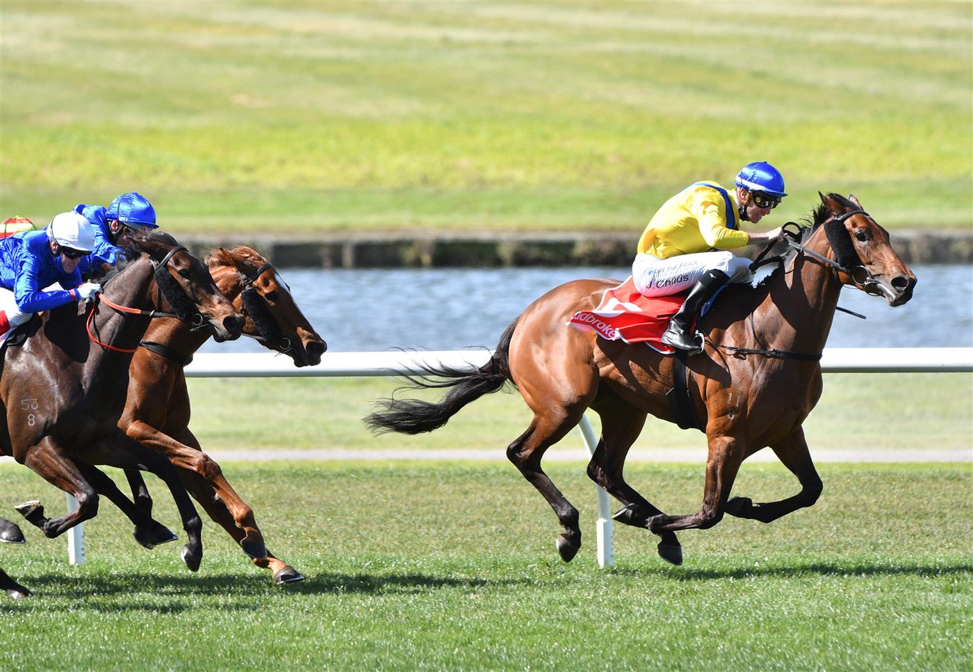 MELBOURNE, AUSTRALIA - SEPTEMBER 25: Jordan Childs riding Queen Of Dubai winning Race 4, the Jim Moloney Stakes, during Melbourne Racing at Sandown Racecourse on September 25, 2021 in Melbourne, Australia. (Photo by Vince Caligiuri/Getty Images)
