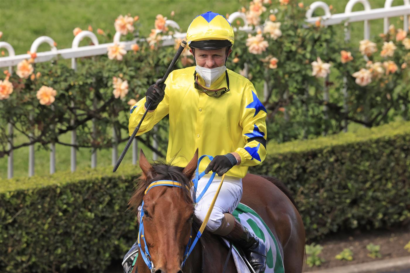 SYDNEY, AUSTRALIA - SEPTEMBER 25: Kerrin McEvoy on The Fossil returns to scale after winning race 2 the TAB highway Class 2 Handicap during Sydney Racing on Golden Rose Day at Rosehill Gardens on September 25, 2021 in Sydney, Australia. (Photo by Mark Evans/Getty Images)