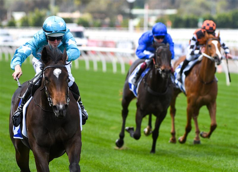 MELBOURNE, AUSTRALIA - OCTOBER 02: Damian Lane riding Get In The Spirit winning Race 1, the Darley Maribyrnong Trial Stakes during Melbourne Racing at Flemington Racecourse on October 02, 2021 in Melbourne, Australia. (Photo by Vince Caligiuri/Getty Images)