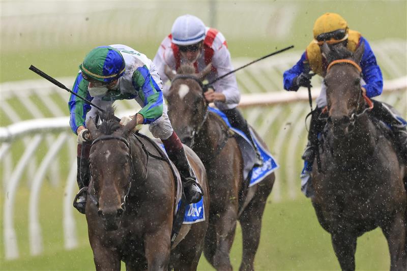 SYDNEY, AUSTRALIA - OCTOBER 02: Regan Bayliss on Never Been Kissed wins race 7 the Darley Flight Stakes during Sydney Racing on Epsom Day at Royal Randwick Racecourse on October 02, 2021 in Sydney, Australia. (Photo by Mark Evans/Getty Images)