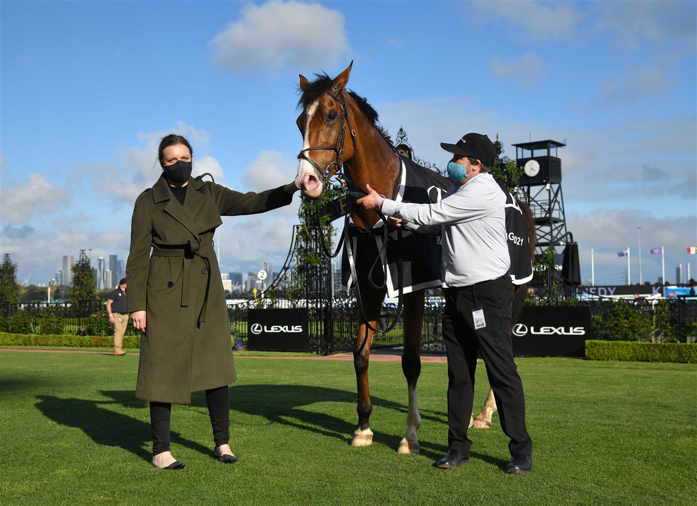 MELBOURNE, AUSTRALIA - OCTOBER 02: Grand Promenade after winning Race 8, the Lexus Bart Cummings,  during Melbourne Racing at Flemington Racecourse on October 02, 2021 in Melbourne, Australia. (Photo by Vince Caligiuri/Getty Images)