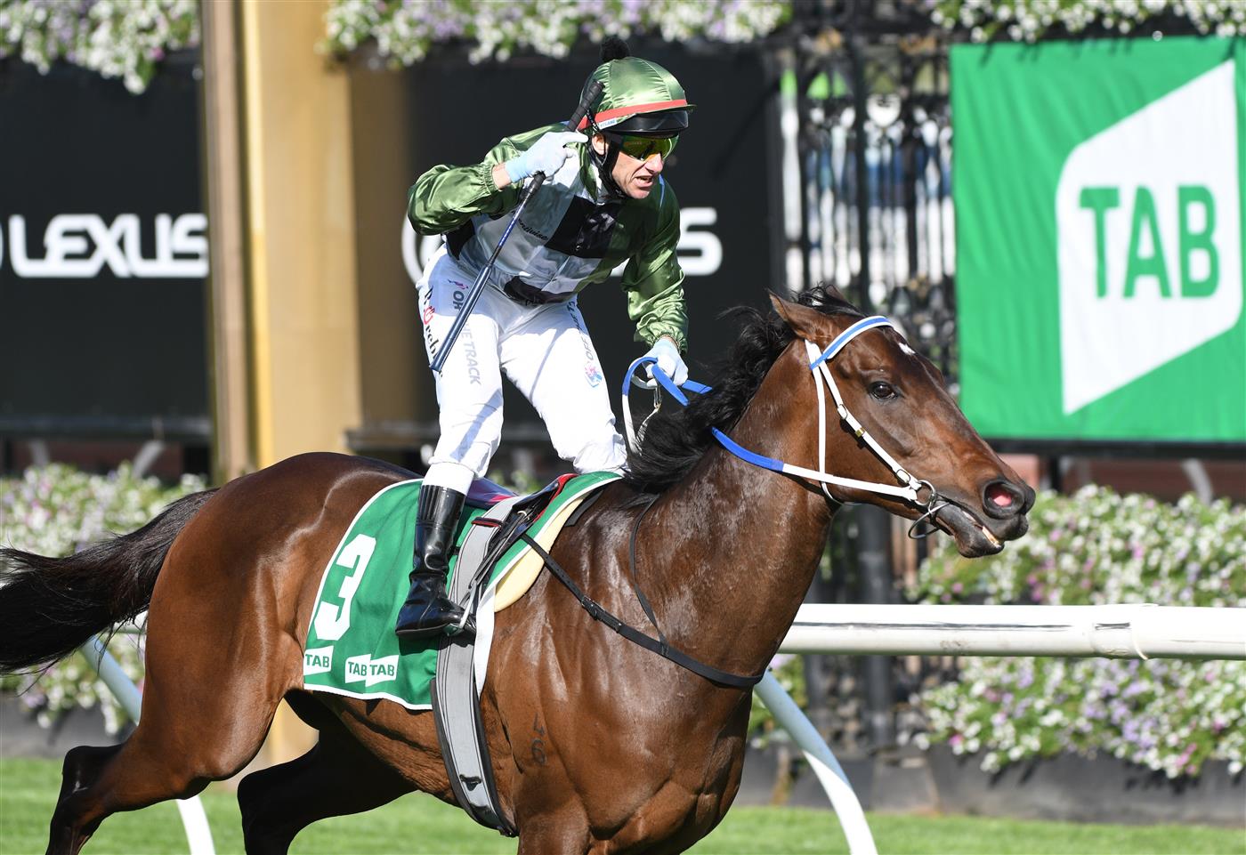 MELBOURNE, AUSTRALIA - OCTOBER 02: Brett Prebble riding Incentivise winning Race 7, the Tab Turnbull Stakes, during Melbourne Racing at Flemington Racecourse on October 02, 2021 in Melbourne, Australia. (Photo by Vince Caligiuri/Getty Images)