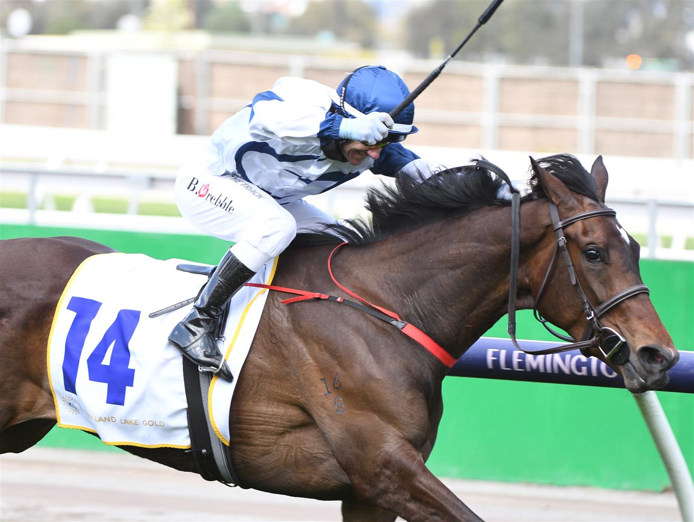 MELBOURNE, AUSTRALIA - OCTOBER 02: Brett Prebble riding El Patroness winning Race 2, the Kirkland Gold Super Impose Stakes,  during Melbourne Racing at Flemington Racecourse on October 02, 2021 in Melbourne, Australia. (Photo by Vince Caligiuri/Getty Images)