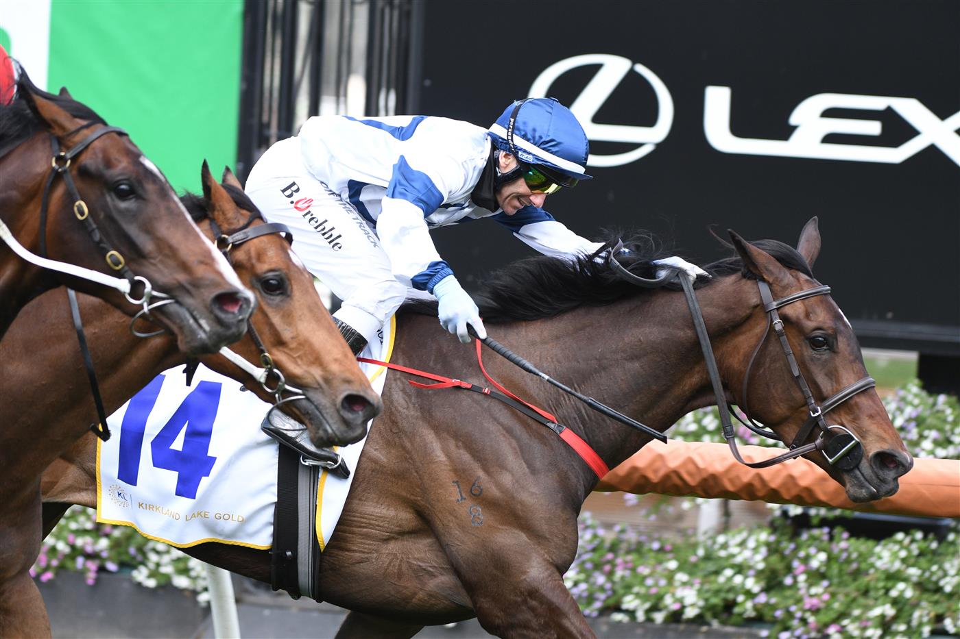MELBOURNE, AUSTRALIA - OCTOBER 02: Brett Prebble riding El Patroness winning Race 2, the Kirkland Gold Super Impose Stakes,  during Melbourne Racing at Flemington Racecourse on October 02, 2021 in Melbourne, Australia. (Photo by Vince Caligiuri/Getty Images)