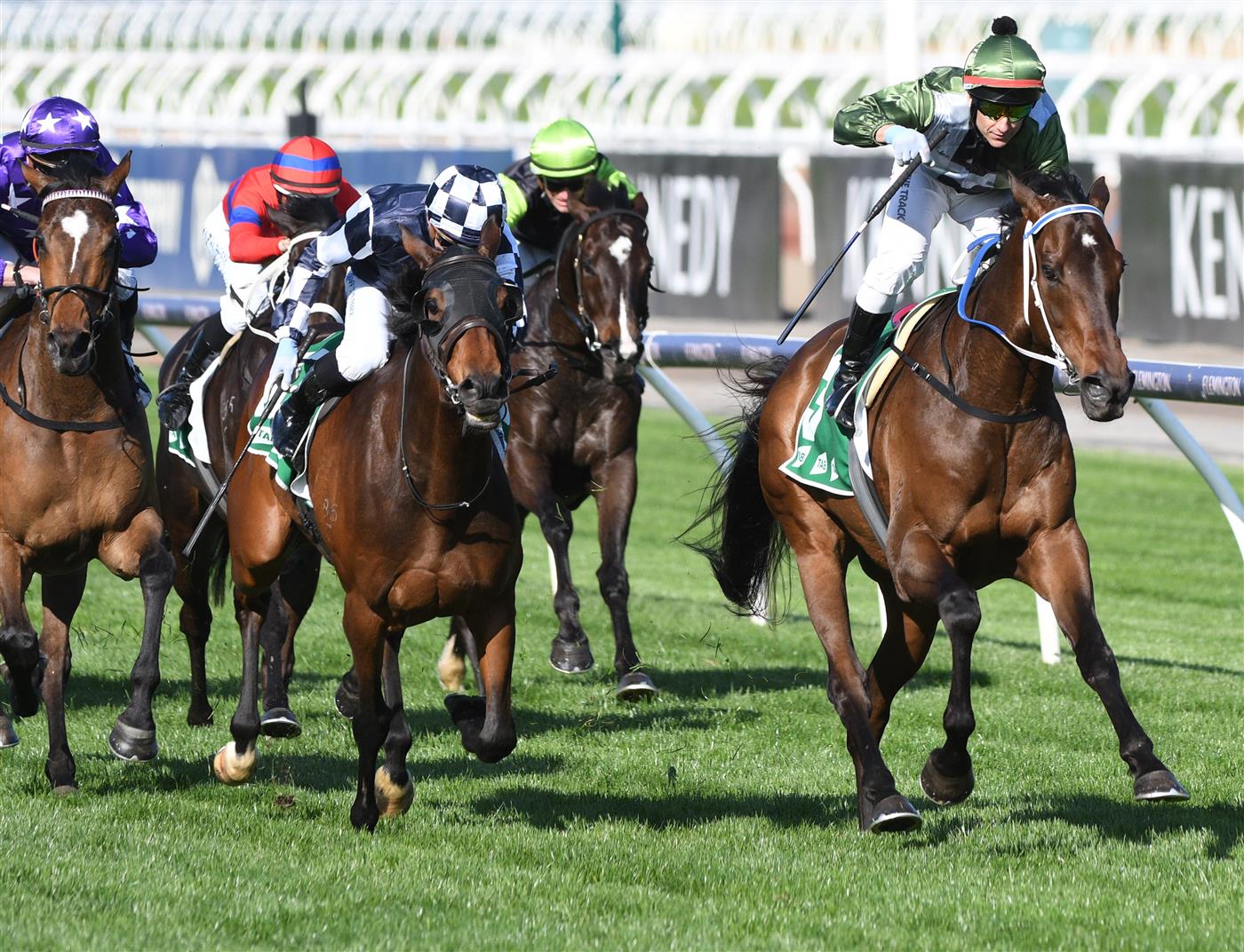 MELBOURNE, AUSTRALIA - OCTOBER 02: Brett Prebble riding Incentivise defeats Daniel Moor riding Young Werther in Race 7, the Tab Turnbull Stakes, during Melbourne Racing at Flemington Racecourse on October 02, 2021 in Melbourne, Australia. (Photo by Vince Caligiuri/Getty Images)