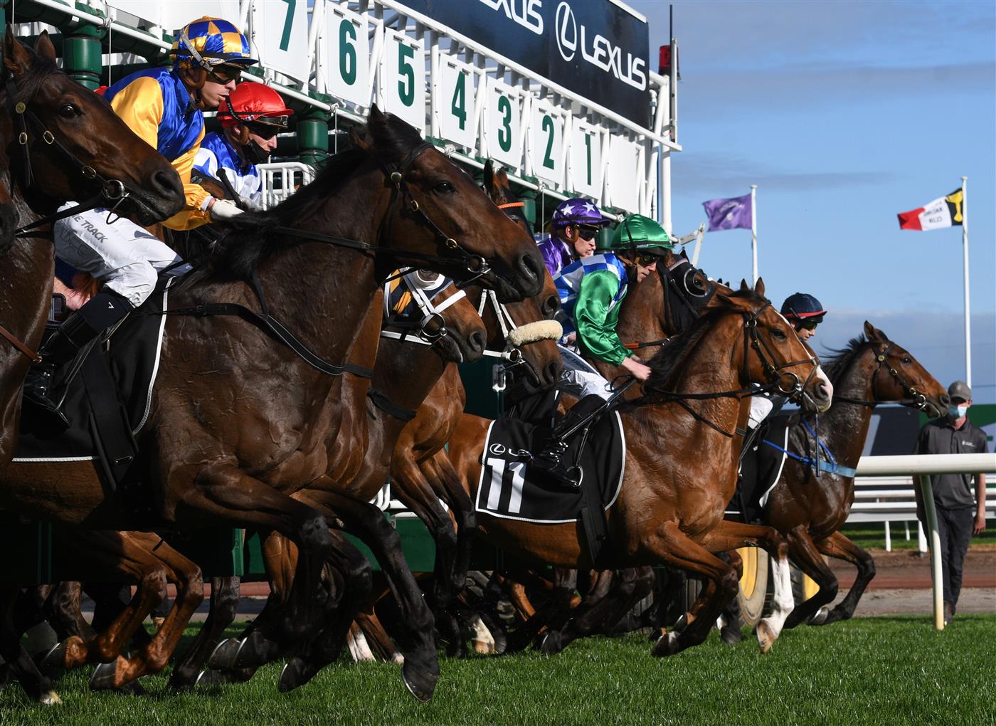 MELBOURNE, AUSTRALIA - OCTOBER 02: John Allen riding Grand Promenade jumps out of the barriers before winning  Race 8, the Lexus Bart Cummings,  during Melbourne Racing at Flemington Racecourse on October 02, 2021 in Melbourne, Australia. (Photo by Vince Caligiuri/Getty Images)
