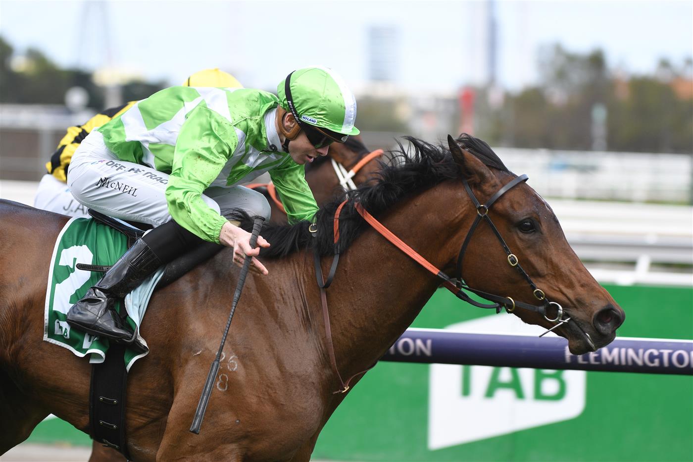 MELBOURNE, AUSTRALIA - OCTOBER 02: Jye McNeil riding Elusive Express winning Race 3, the Tab Edward Manifold Stakes, during Melbourne Racing at Flemington Racecourse on October 02, 2021 in Melbourne, Australia. (Photo by Vince Caligiuri/Getty Images)