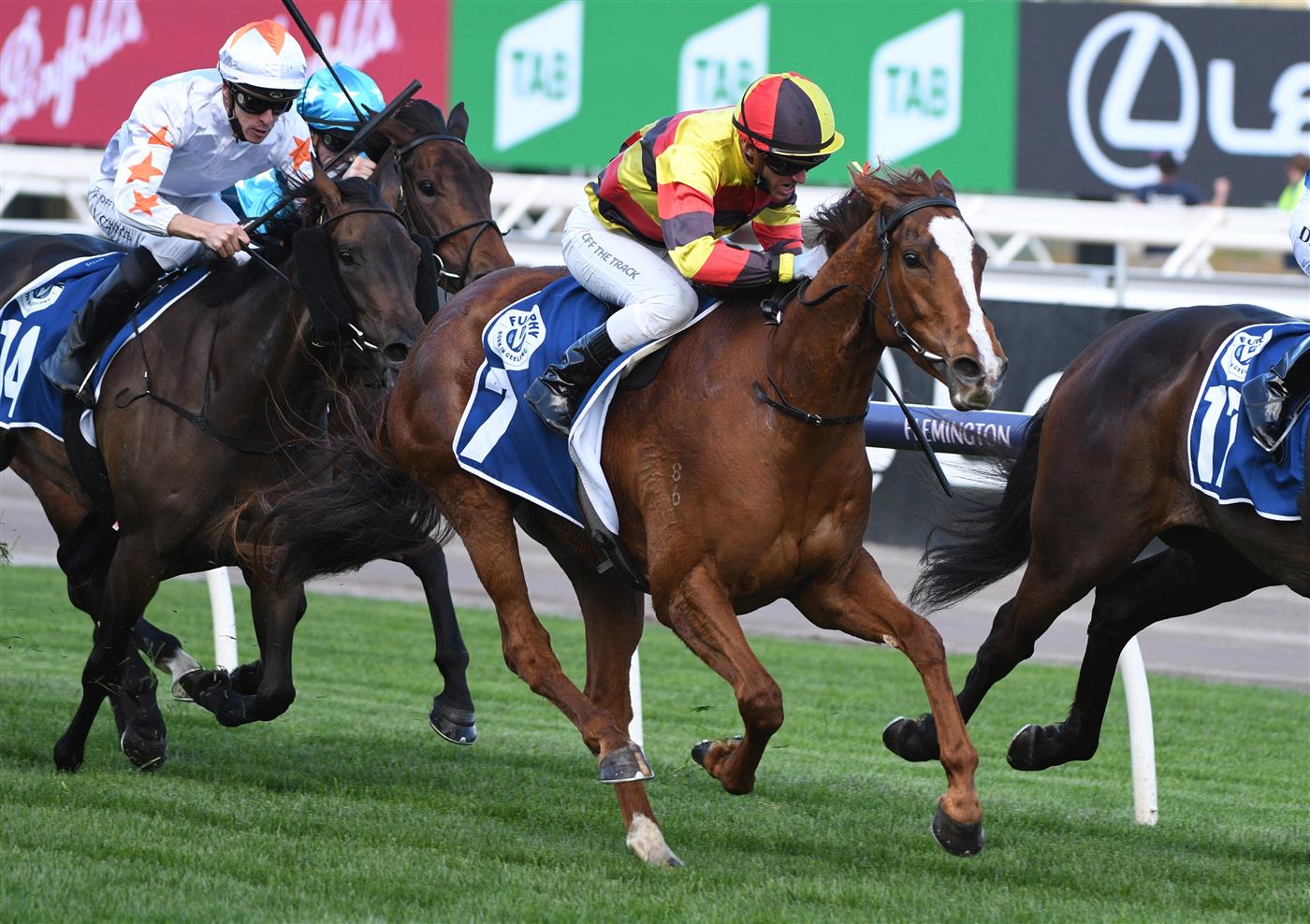 MELBOURNE, AUSTRALIA - OCTOBER 02: Luke Currie riding Still A Star winning race 6, the Furphy Rose Of Kingston Stakes, during Melbourne Racing at Flemington Racecourse on October 02, 2021 in Melbourne, Australia. (Photo by Vince Caligiuri/Getty Images)
