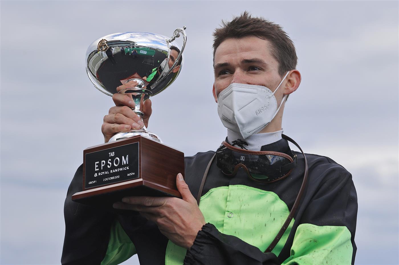 SYDNEY, AUSTRALIA - OCTOBER 02: Regan Bayliss poses with the Epsom trophy after winning race 8 the TAB Epsom on Private Eye during Sydney Racing at Royal Randwick Racecourse on October 02, 2021 in Sydney, Australia. (Photo by Mark Evans/Getty Images)