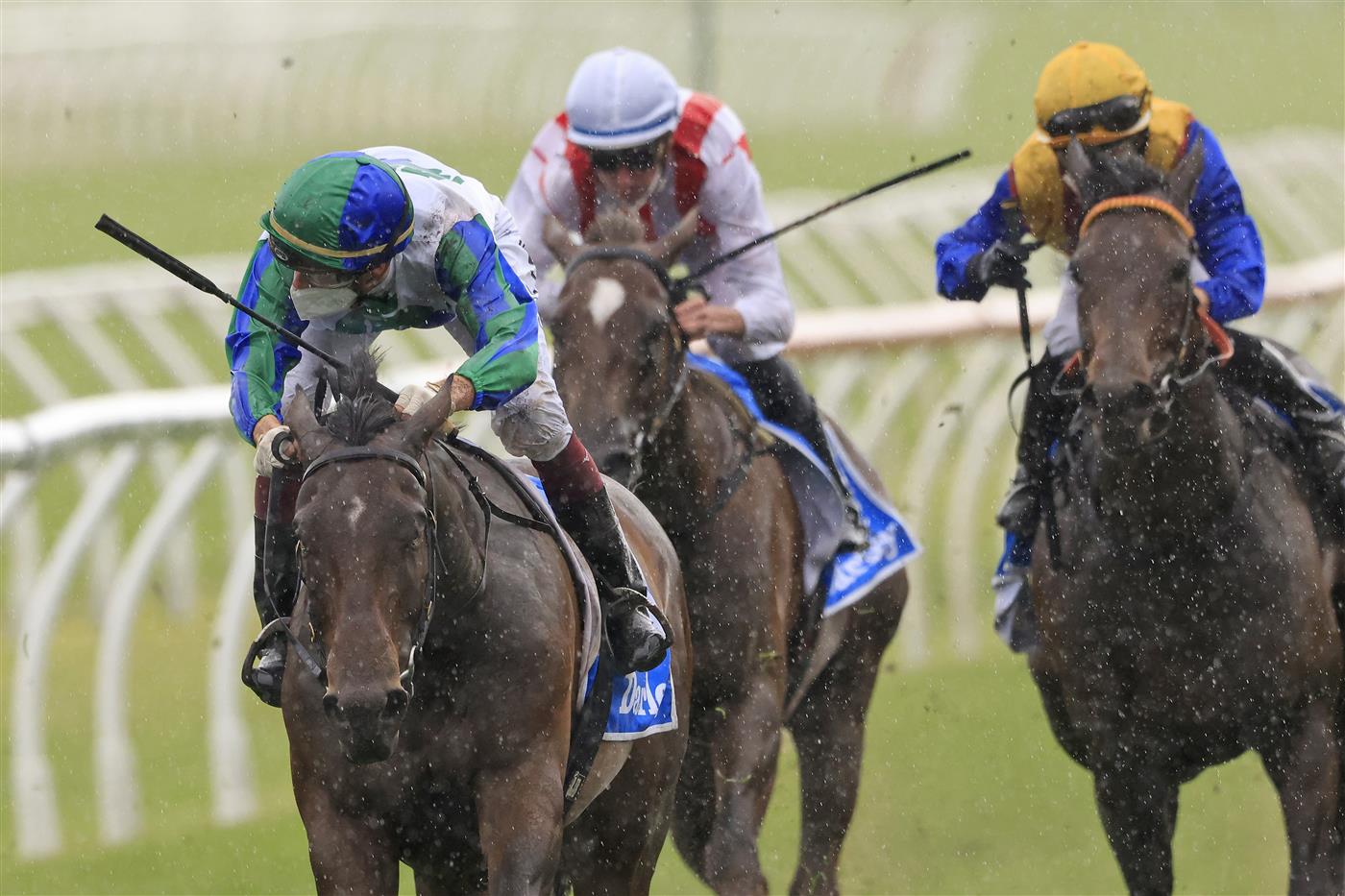 SYDNEY, AUSTRALIA - OCTOBER 02: Regan Bayliss on Never Been Kissed wins race 7 the Darley Flight Stakes during Sydney Racing on Epsom Day at Royal Randwick Racecourse on October 02, 2021 in Sydney, Australia. (Photo by Mark Evans/Getty Images)