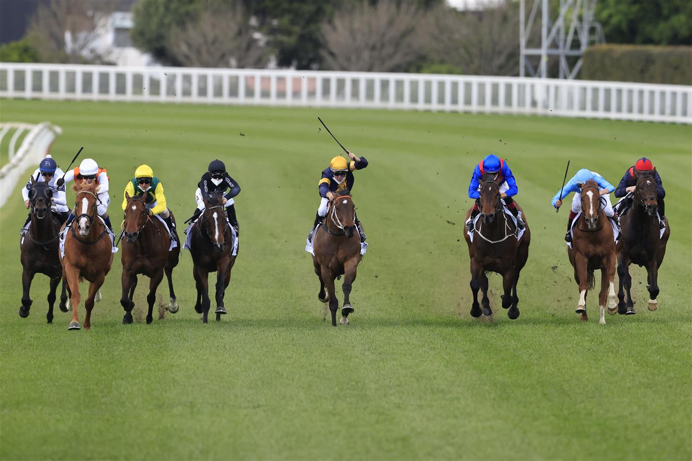 SYDNEY, AUSTRALIA - OCTOBER 02: Tommy Berry on Masked Crusader (yellow cap), wins race 6 the ACY Securities Premiere Stakes during Sydney Racing on Epsom Day at Royal Randwick Racecourse on October 02, 2021 in Sydney, Australia. (Photo by Mark Evans/Getty Images)