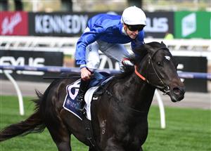 MELBOURNE, AUSTRALIA - OCTOBER 02: Fred Kersley riding Kallos winning  race 5,  the Vrc Members Danehill Stakes, during Melbourne Racing at Flemington Racecourse on October 02, 2021 in Melbourne, Australia. (Photo by Vince Caligiuri/Getty Images)
