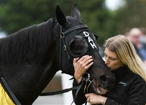 MELBOURNE, AUSTRALIA - APRIL 17: Strapper Christin Schotten gives So Si Bon a kiss after winning Race 4, the Irt Vobis Gold Mile, during Melbourne Racing at Caulfield Racecourse on April 17, 2021 in Melbourne, Australia. (Photo by Vince Caligiuri/Getty Images)
