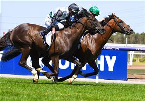 MELBOURNE, AUSTRALIA - MARCH 02: Ben Allen riding Fifty Stars defeats Luke Nolen riding So Si Bon in Race 7, Blamey Stakes  during Melbourne Racing at Flemington Racecourse on March 02, 2019 in Melbourne, Australia. (Photo by Vince Caligiuri/Getty Images)