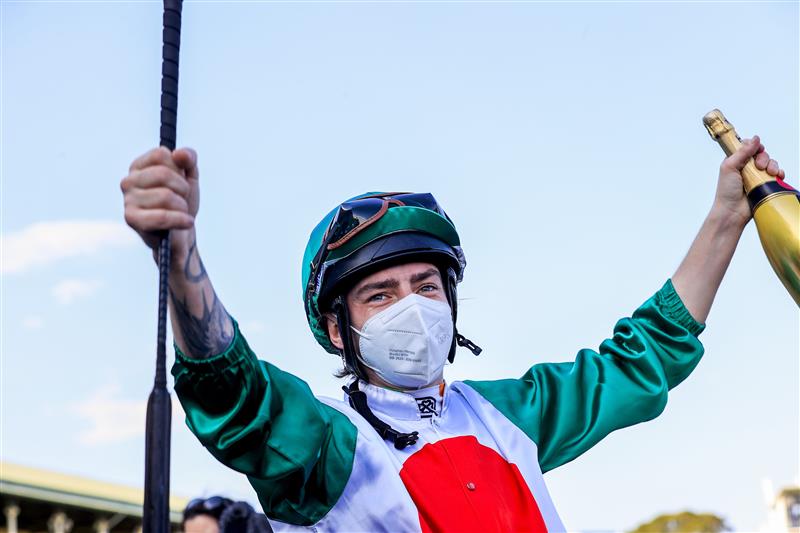SYDNEY, AUSTRALIA - OCTOBER 09: Robbie Dolan salutes after winning race 8 the Moet & Chandon Spring Champion Stakes on Profondo during Sydney Racing at Royal Randwick Racecourse on October 09, 2021 in Sydney, Australia. (Photo by Mark Evans/Getty Images)