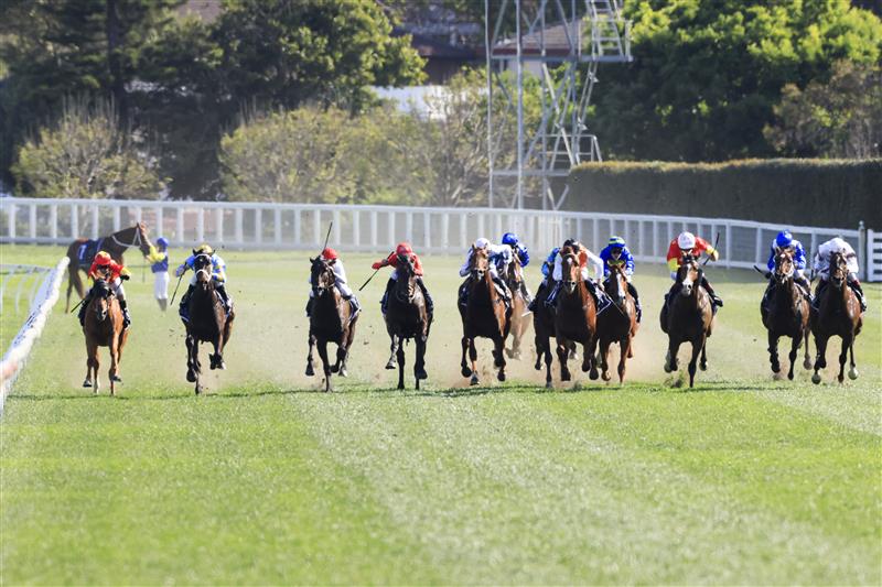 SYDNEY, AUSTRALIA - OCTOBER 09: Hugh Bowman (red, white cap) on Aim wins race 7 the Silver Eagle during Sydney Racing at Royal Randwick Racecourse on October 09, 2021 in Sydney, Australia. (Photo by Mark Evans/Getty Images)
