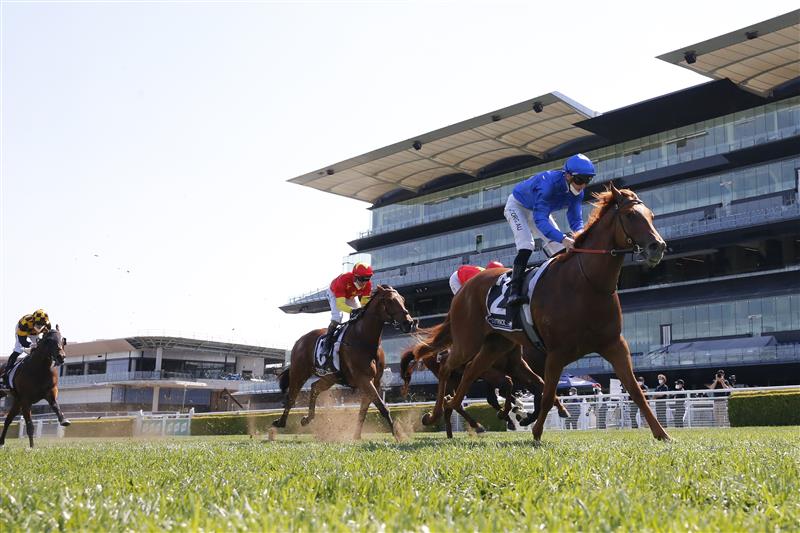 SYDNEY, AUSTRALIA - OCTOBER 09: James McDonald (all blue) on Paulele wins race 5 the Polytrack Roman Consul Stakes during Sydney Racing at Royal Randwick Racecourse on October 09, 2021 in Sydney, Australia. (Photo by Mark Evans/Getty Images)