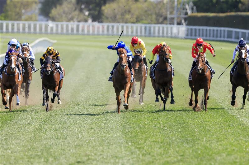 SYDNEY, AUSTRALIA - OCTOBER 09: James McDonald (all blue) on Paulele wins race 5 the Polytrack Roman Consul Stakes during Sydney Racing at Royal Randwick Racecourse on October 09, 2021 in Sydney, Australia. (Photo by Mark Evans/Getty Images)