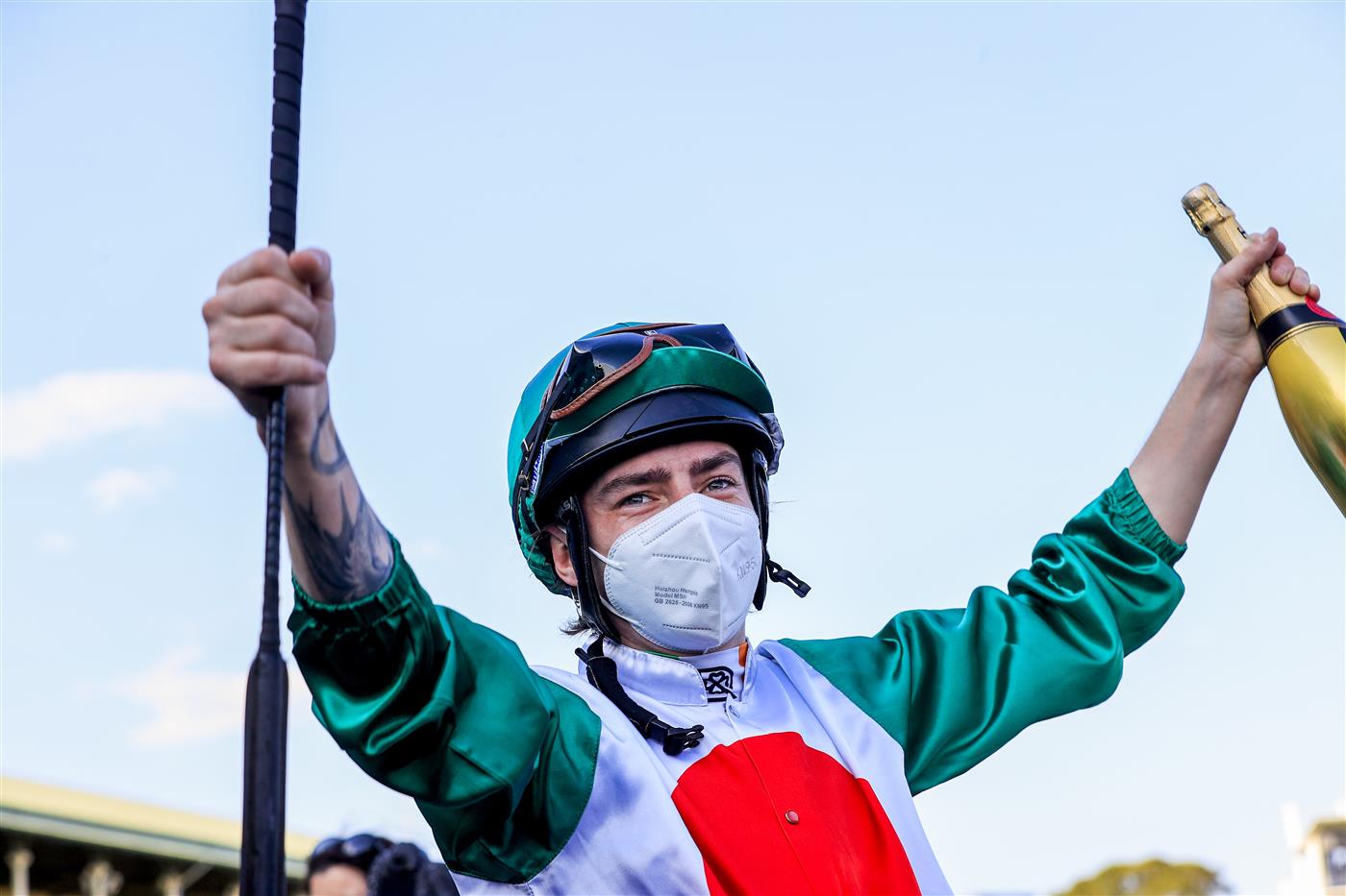 SYDNEY, AUSTRALIA - OCTOBER 09: Robbie Dolan salutes after winning race 8 the Moet & Chandon Spring Champion Stakes on Profondo during Sydney Racing at Royal Randwick Racecourse on October 09, 2021 in Sydney, Australia. (Photo by Mark Evans/Getty Images)