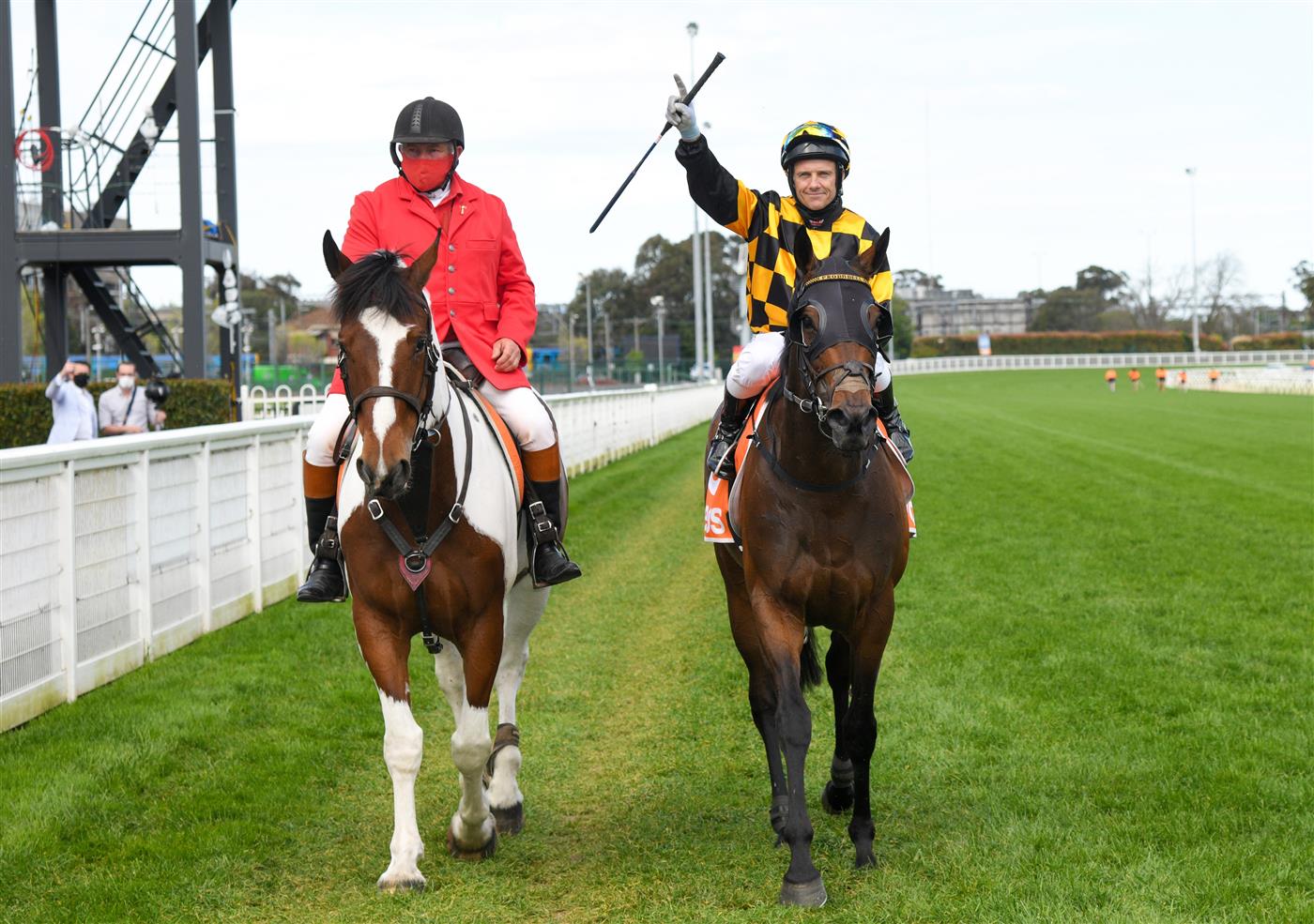 MELBOURNE, AUSTRALIA - OCTOBER 09: Brett Prebble riding Probabeel after winning in race 6, the Neds Might And Power, during Melbourne Racing at Caulfield Racecourse on October 09, 2021 in Melbourne, Australia. (Photo by Vince Caligiuri/Getty Images)