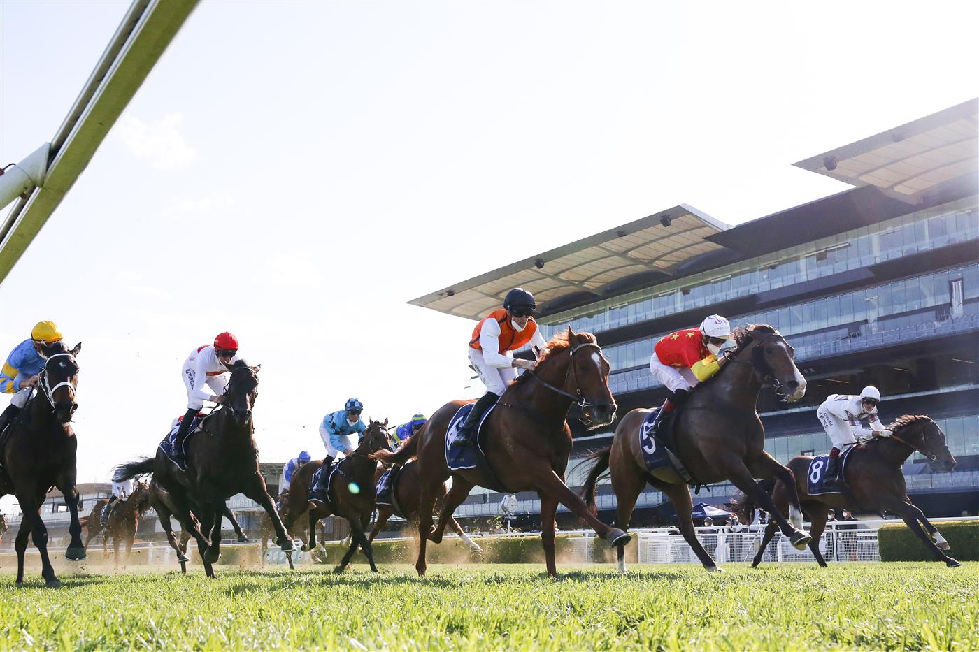 SYDNEY, AUSTRALIA - OCTOBER 09: Hugh Bowman (red, white cap) on Aim wins race 7 the Silver Eagle during Sydney Racing at Royal Randwick Racecourse on October 09, 2021 in Sydney, Australia. (Photo by Mark Evans/Getty Images)