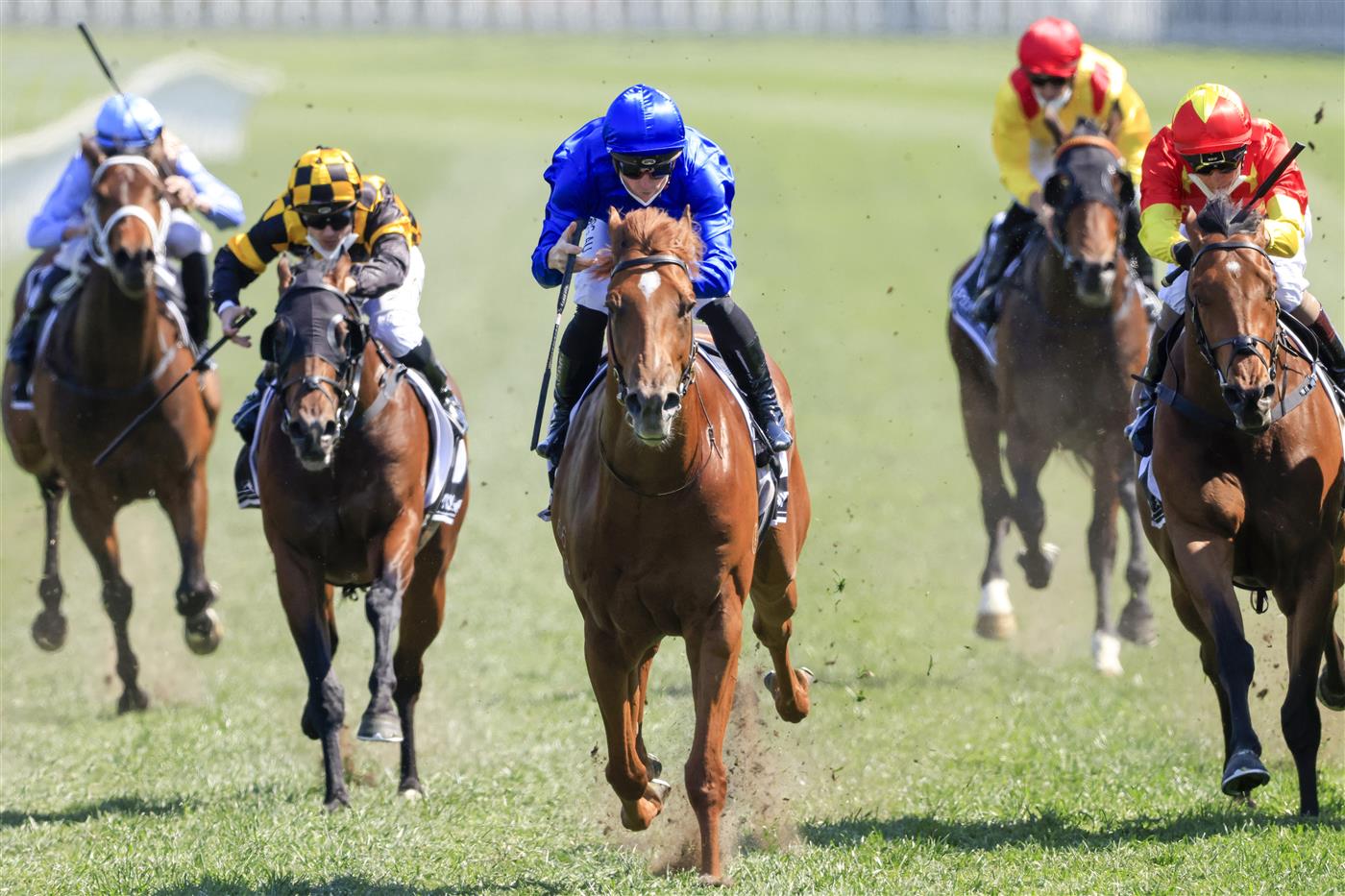 SYDNEY, AUSTRALIA - OCTOBER 09: James McDonald (all blue) on Paulele wins race 5 the Polytrack Roman Consul Stakes during Sydney Racing at Royal Randwick Racecourse on October 09, 2021 in Sydney, Australia. (Photo by Mark Evans/Getty Images)