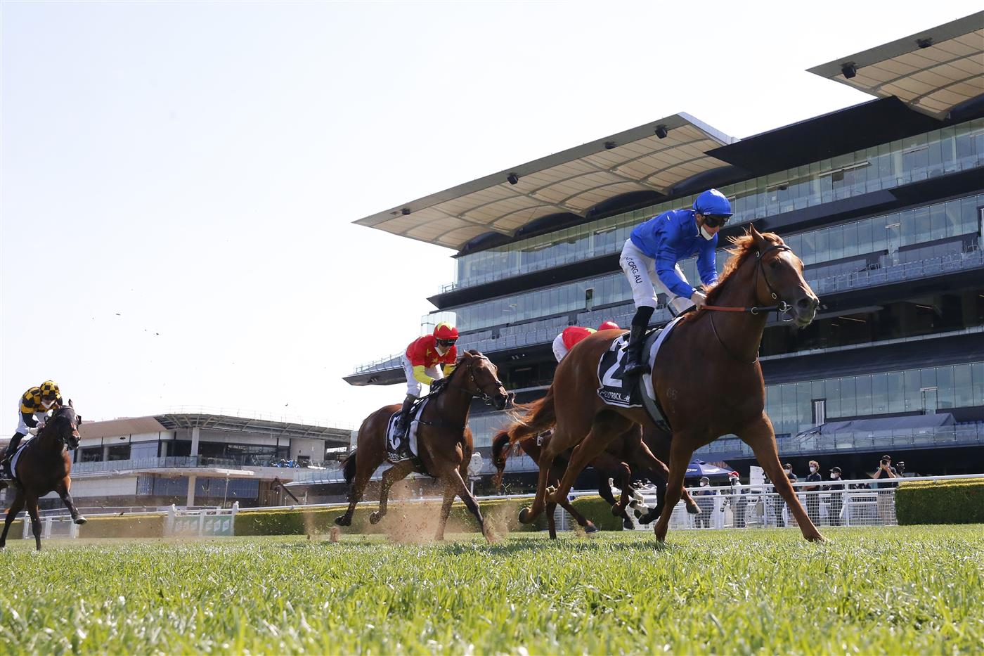 SYDNEY, AUSTRALIA - OCTOBER 09: James McDonald (all blue) on Paulele wins race 5 the Polytrack Roman Consul Stakes during Sydney Racing at Royal Randwick Racecourse on October 09, 2021 in Sydney, Australia. (Photo by Mark Evans/Getty Images)