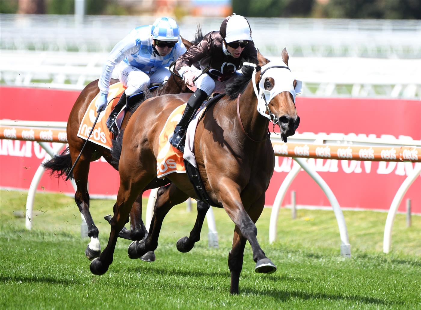 MELBOURNE, AUSTRALIA - OCTOBER 09: Jye McNeil riding Lombardo winning Race 3, the Neds Village Stakes, during Melbourne Racing at Caulfield Racecourse on October 09, 2021 in Melbourne, Australia. (Photo by Vince Caligiuri/Getty Images)