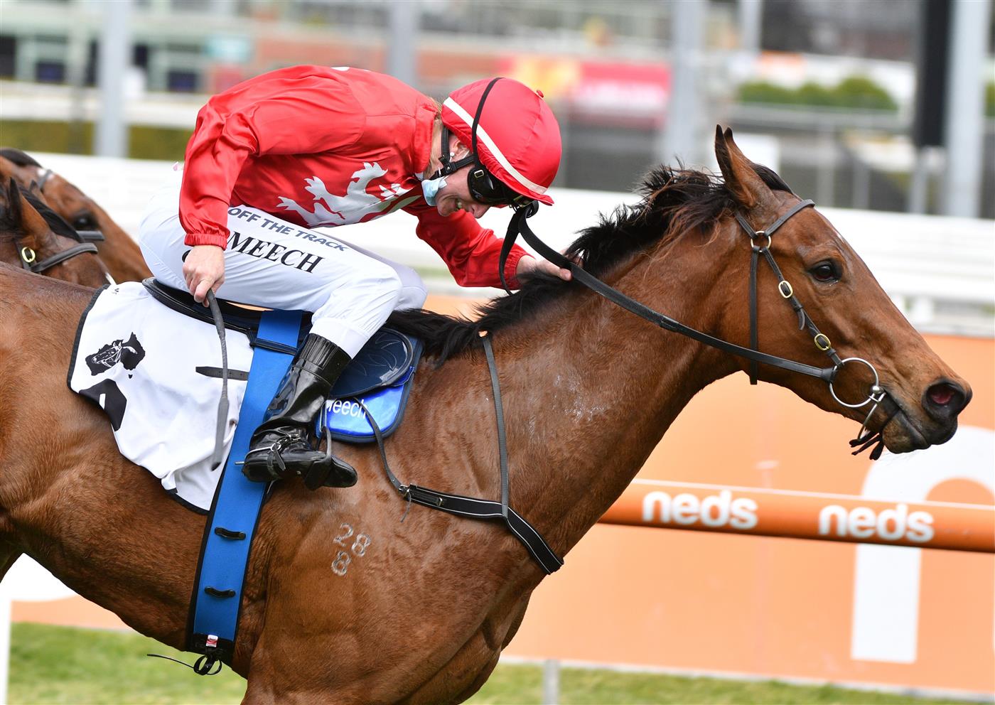 MELBOURNE, AUSTRALIA - OCTOBER 09: Linda Meech riding Sneaky Five winning Race 4, the Thoroughbred Club Stakes,  during Melbourne Racing at Caulfield Racecourse on October 09, 2021 in Melbourne, Australia. (Photo by Vince Caligiuri/Getty Images)