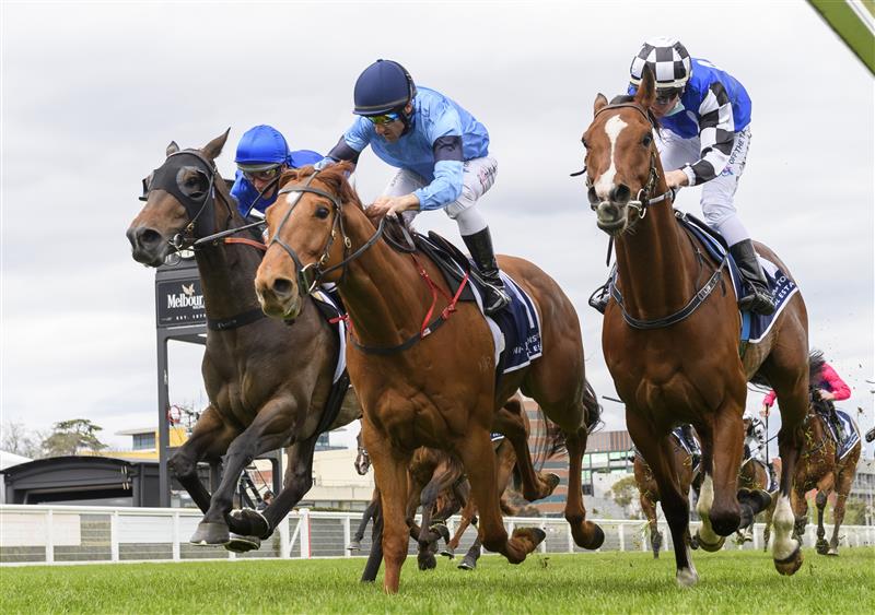 MELBOURNE, AUSTRALIA - OCTOBER 13: Brett Prebble riding Durston (ctr) winning Race 3, the Nick Johnstone Real Estate Handicap, during Thousand Guineas Day at Caulfield Racecourse on October 13, 2021 in Melbourne, Australia. (Photo by Vince Caligiuri/Getty Images)