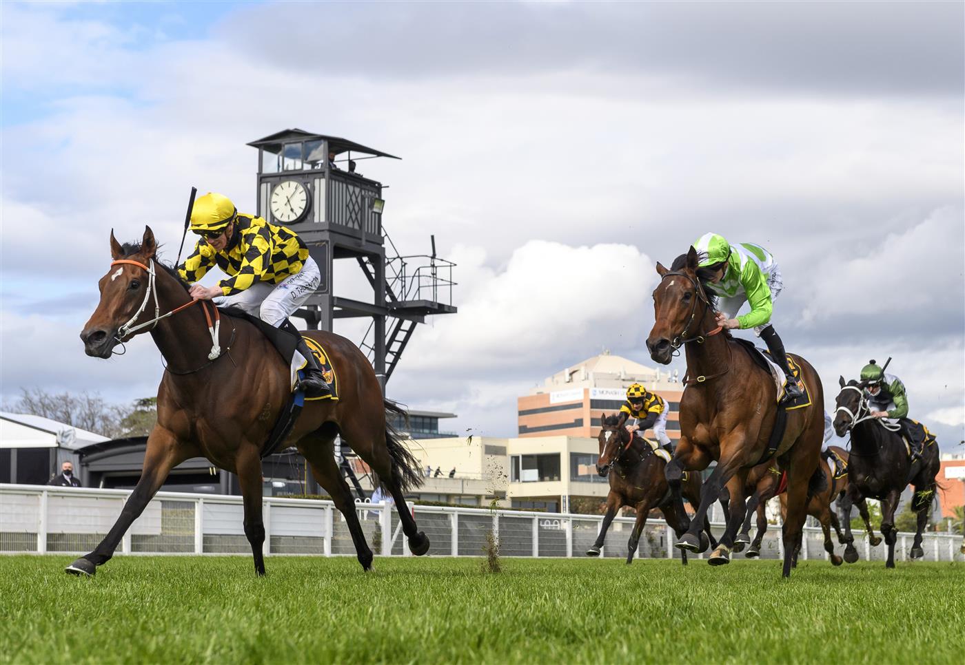 MELBOURNE, AUSTRALIA - OCTOBER 13:  Damien Thornton riding Yearning winning Race 7, the Schweppes Thousand Guineas,  during Thousand Guineas Day at Caulfield Racecourse on October 13, 2021 in Melbourne, Australia. (Photo by Vince Caligiuri/Getty Images)