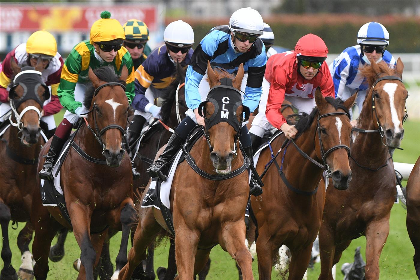 MELBOURNE, AUSTRALIA - OCTOBER 13: General view of riders  during Thousand Guineas Day at Caulfield Racecourse on October 13, 2021 in Melbourne, Australia. (Photo by Vince Caligiuri/Getty Images)