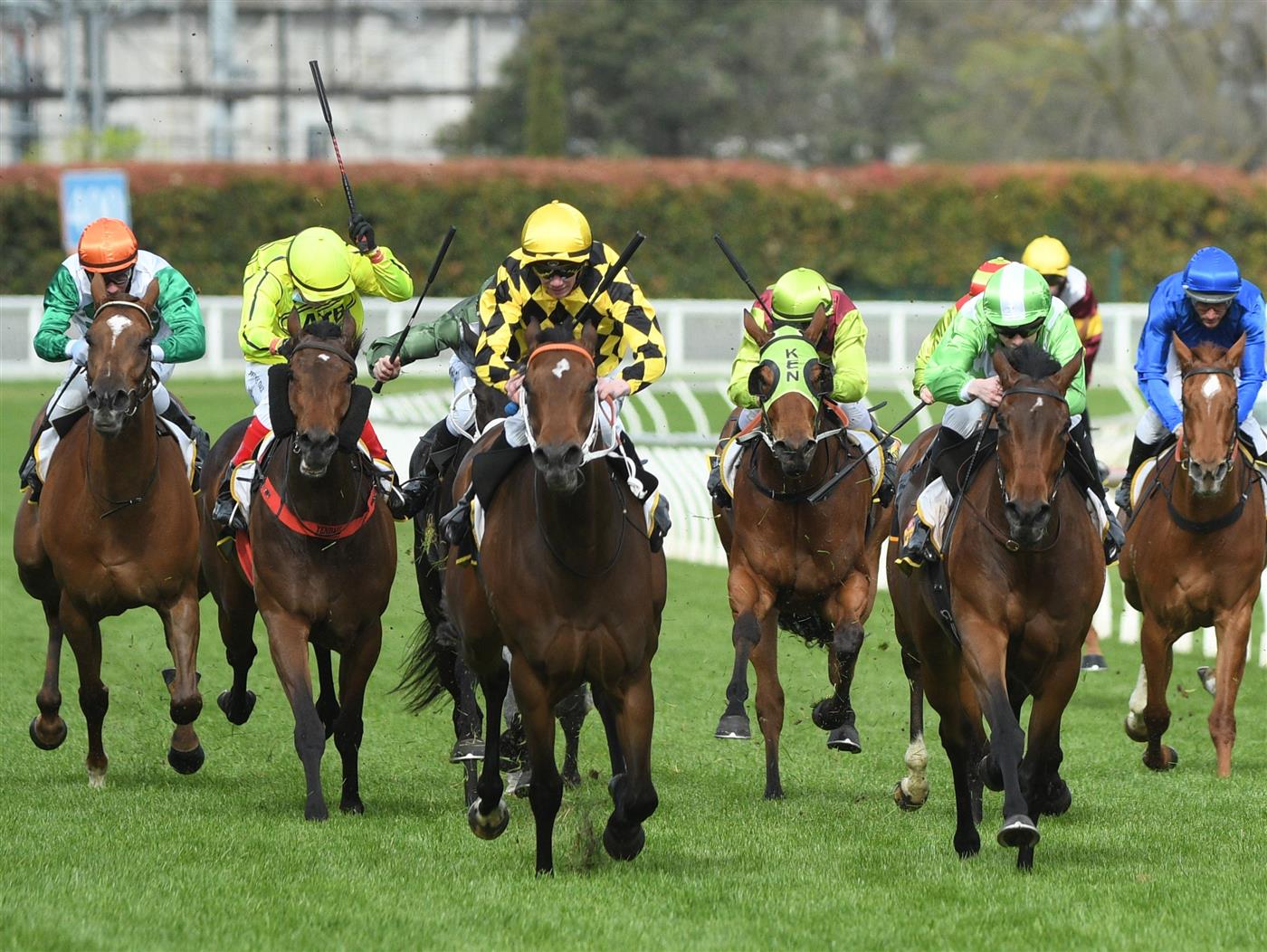 MELBOURNE, AUSTRALIA - OCTOBER 13:  Damien Thornton riding Yearning winning Race 7, the Schweppes Thousand Guineas,  during Thousand Guineas Day at Caulfield Racecourse on October 13, 2021 in Melbourne, Australia. (Photo by Vince Caligiuri/Getty Images)