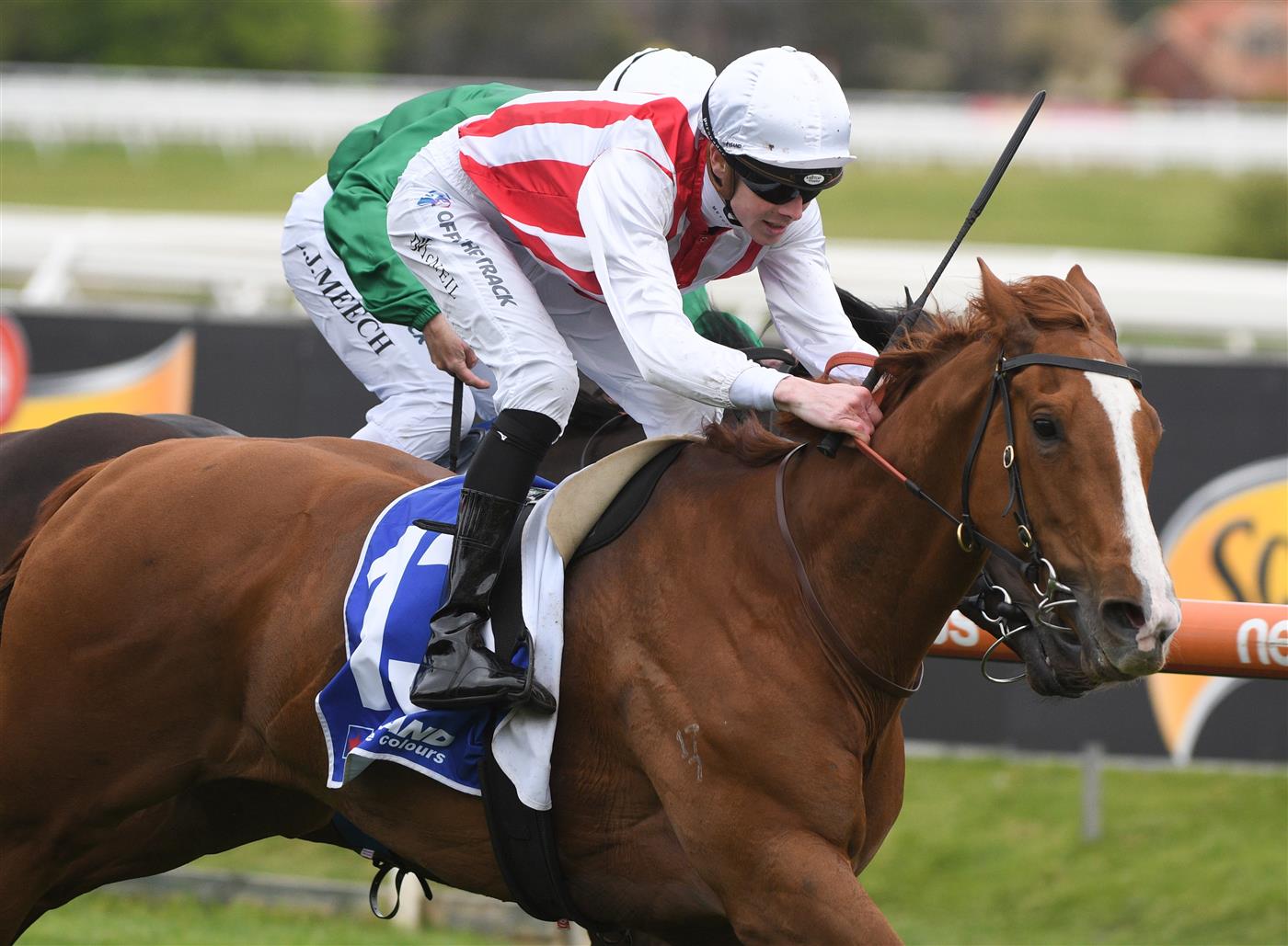 MELBOURNE, AUSTRALIA - OCTOBER 13: Jye McNeil riding Agreeable winning  race 5,  the Hyland Race Colours Handicap, during Thousand Guineas Day at Caulfield Racecourse on October 13, 2021 in Melbourne, Australia. (Photo by Vince Caligiuri/Getty Images)