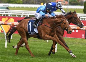 MELBOURNE, AUSTRALIA - OCTOBER 13: Brett Prebble riding Durston winning Race 3, the Nick Johnstone Real Estate Handicap, during Thousand Guineas Day at Caulfield Racecourse on October 13, 2021 in Melbourne, Australia. (Photo by Vince Caligiuri/Getty Images)