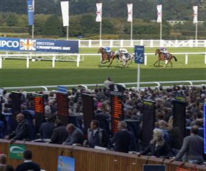 ASCOT, ENGLAND - OCTOBER 16: Jim Crowley riding Eshaada (L, blue) win The Qipco British Champions Fillies & Mares Stakes during the Qipco British Champions Day at Ascot Racecourse on October 16, 2021 in Ascot, England. (Photo by Alan Crowhurst/Getty Images)