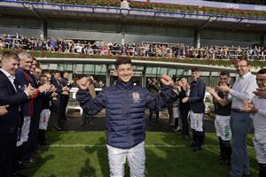 ASCOT, ENGLAND - OCTOBER 16: Jockey Marco Ghiani, winner of the Champion Apprentice title during the Qipco British Champions Day at Ascot Racecourse on October 16, 2021 in Ascot, England. (Photo by Alan Crowhurst/Getty Images)