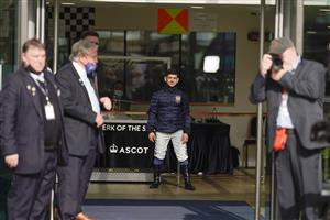 ASCOT, ENGLAND - OCTOBER 16: Jockey Marco Ghiani waits to be introduced as winner of the Champion Apprentice title during the Qipco British Champions Day at Ascot Racecourse on October 16, 2021 in Ascot, England. (Photo by Alan Crowhurst/Getty Images)