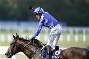 ASCOT, ENGLAND - OCTOBER 16: Jim Crowley riding Baaeed celebrate winning The Queen Elizabeth II Stakes during the Qipco British Champions Day at Ascot Racecourse on October 16, 2021 in Ascot, England. (Photo by Alan Crowhurst/Getty Images)