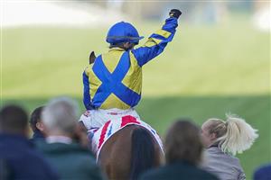 ASCOT, ENGLAND - OCTOBER 16: Hollie Doyle riding Trueshan celebrate winning The Qipco British Champions Long Distance Cup during the Qipco British Champions Day at Ascot Racecourse on October 16, 2021 in Ascot, England. (Photo by Alan Crowhurst/Getty Images)