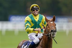 ASCOT, ENGLAND - OCTOBER 16: Mickael Barzalona after riding Sealiway to win The Qipco Champion Stakes during the Qipco British Champions Day at Ascot Racecourse on October 16, 2021 in Ascot, England. (Photo by Alan Crowhurst/Getty Images)