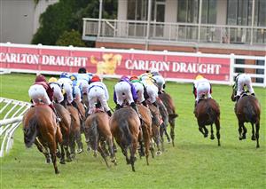MELBOURNE, AUSTRALIA - OCTOBER 16: Brett Prebble riding Incentivise (R) in to the first turn before winning Race 9, the Carlton Draught Caulfield Cup, during Caulfield Cup Day at Caulfield Racecourse on October 16, 2021 in Melbourne, Australia. (Photo by Vince Caligiuri/Getty Images)